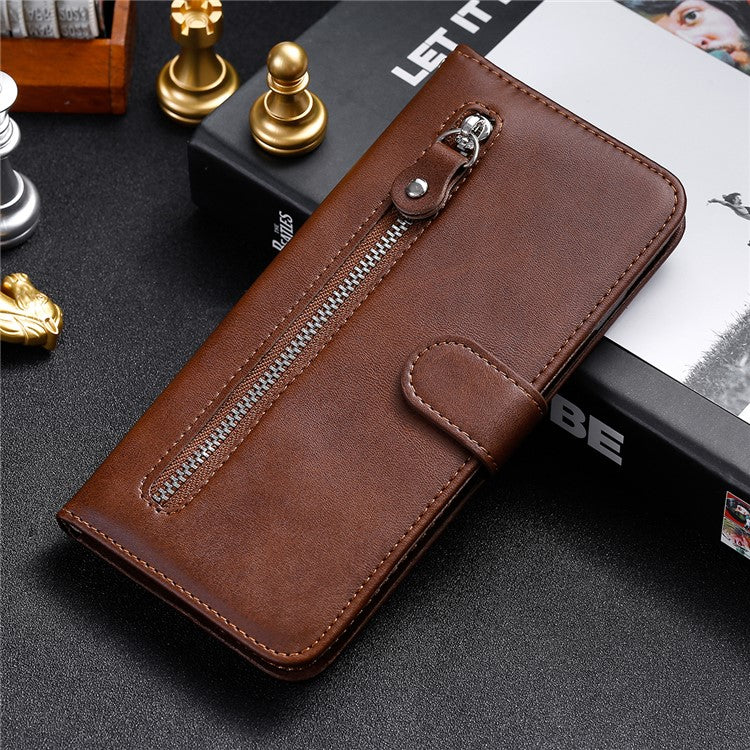 PU Leather Zippered Pocket Phone Case Coin Wallet Stand Folding Case for Google Pixel 6 Pro - Brown