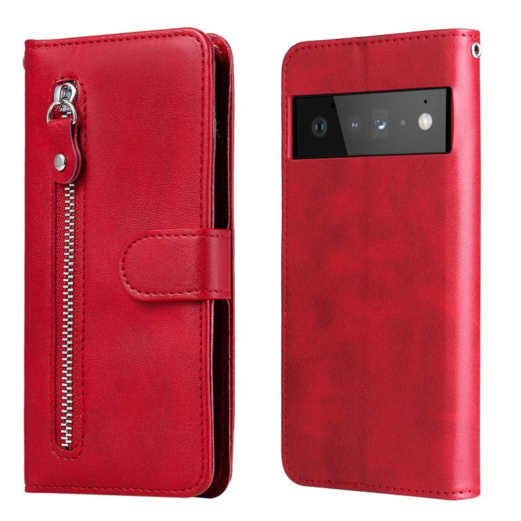 PU Leather Zippered Pocket Phone Case Coin Wallet Stand Folding Case for Google Pixel 6 Pro - Red