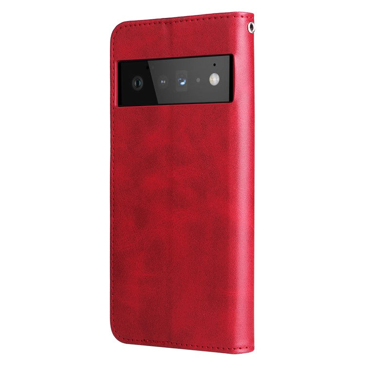 PU Leather Zippered Pocket Phone Case Coin Wallet Stand Folding Case for Google Pixel 6 Pro - Red