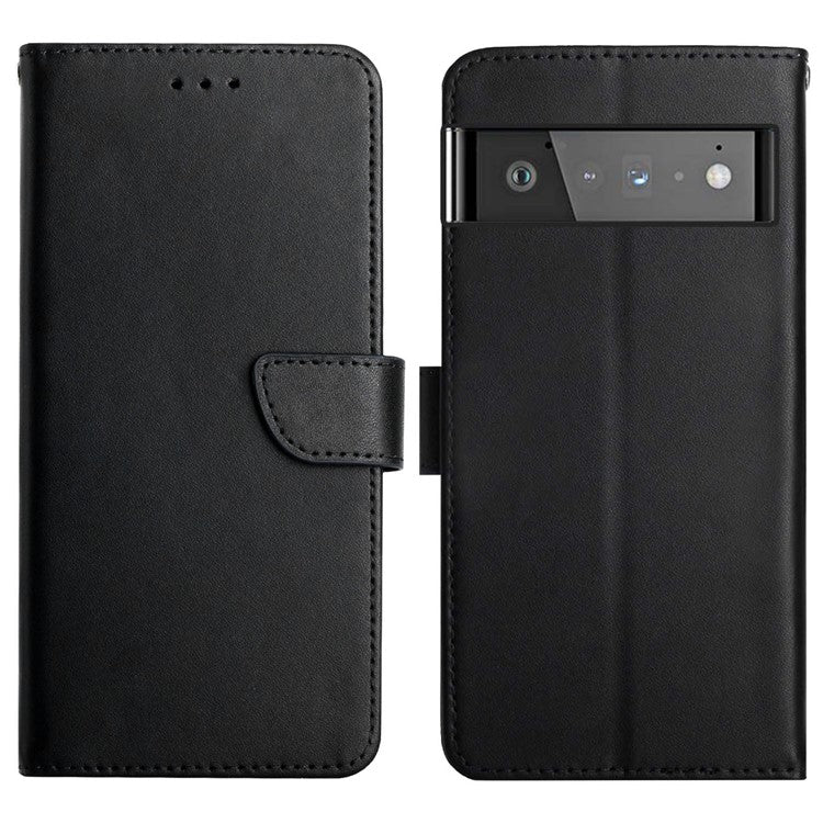 Nappa Texture Anti-drop Genuine Leather + TPU Phone Case Stand Wallet Protective Cover for Google Pixel 6 Pro - Black