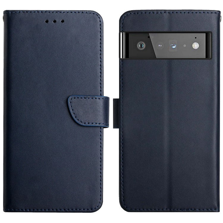 Nappa Texture Anti-drop Genuine Leather + TPU Phone Case Stand Wallet Protective Cover for Google Pixel 6 Pro - Blue