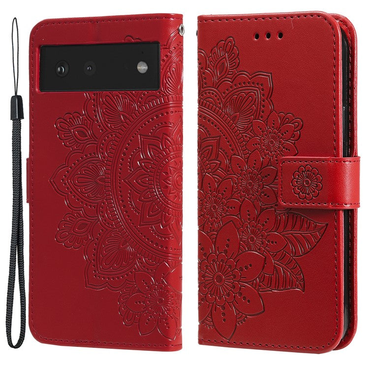 Practical Flip Shell Imprinted Flower Pattern TPU+PU Leather Stand Wallet Cover Case with Lanyard for Google Pixel 6 - Red