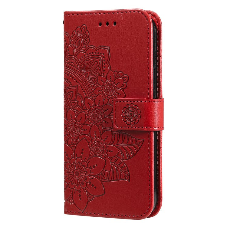 Practical Flip Shell Imprinted Flower Pattern TPU+PU Leather Stand Wallet Cover Case with Lanyard for Google Pixel 6 - Red