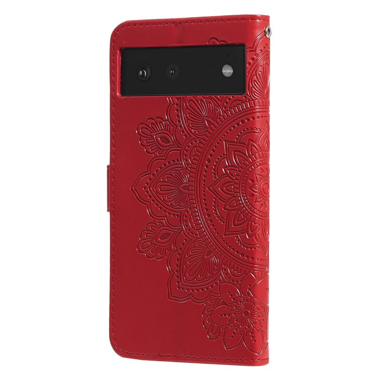 Practical Flip Shell Imprinted Flower Pattern TPU+PU Leather Stand Wallet Cover Case with Lanyard for Google Pixel 6 - Red