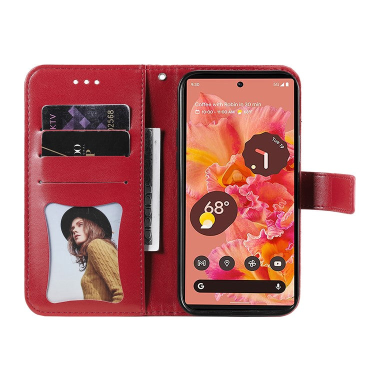 Practical Flip Shell Imprinted Flower Pattern TPU+PU Leather Stand Wallet Cover Case with Lanyard for Google Pixel 6 - Red