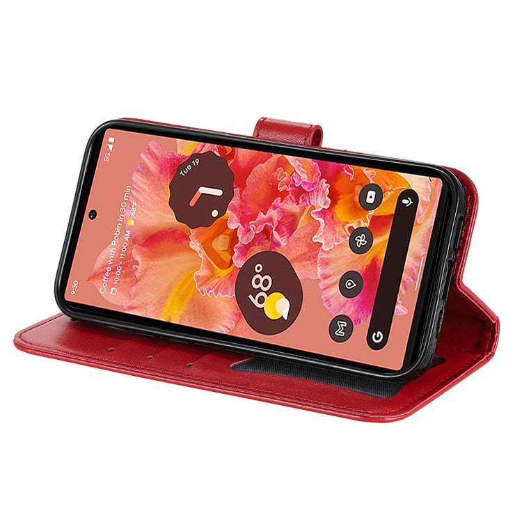 Practical Flip Shell Imprinted Flower Pattern TPU+PU Leather Stand Wallet Cover Case with Lanyard for Google Pixel 6 - Red