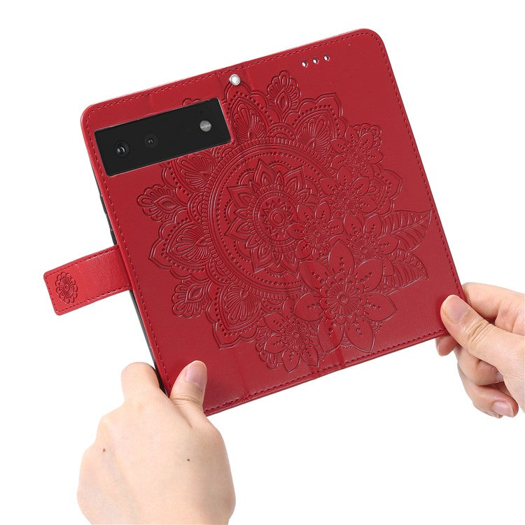 Practical Flip Shell Imprinted Flower Pattern TPU+PU Leather Stand Wallet Cover Case with Lanyard for Google Pixel 6 - Red