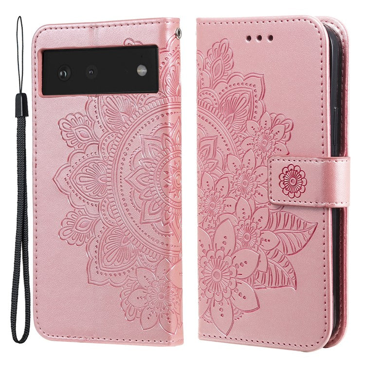 Practical Flip Shell Imprinted Flower Pattern TPU+PU Leather Stand Wallet Cover Case with Lanyard for Google Pixel 6 - Rose Gold