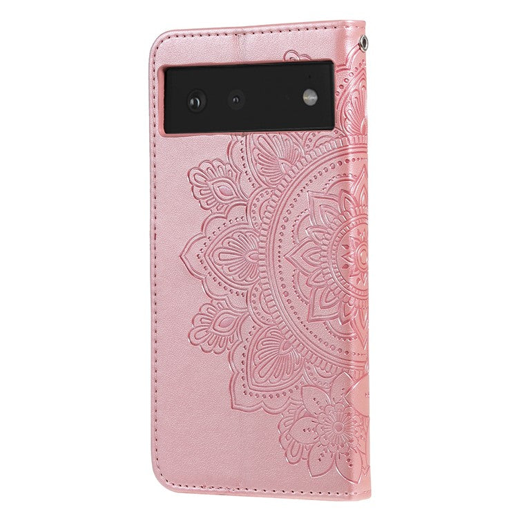 Practical Flip Shell Imprinted Flower Pattern TPU+PU Leather Stand Wallet Cover Case with Lanyard for Google Pixel 6 - Rose Gold