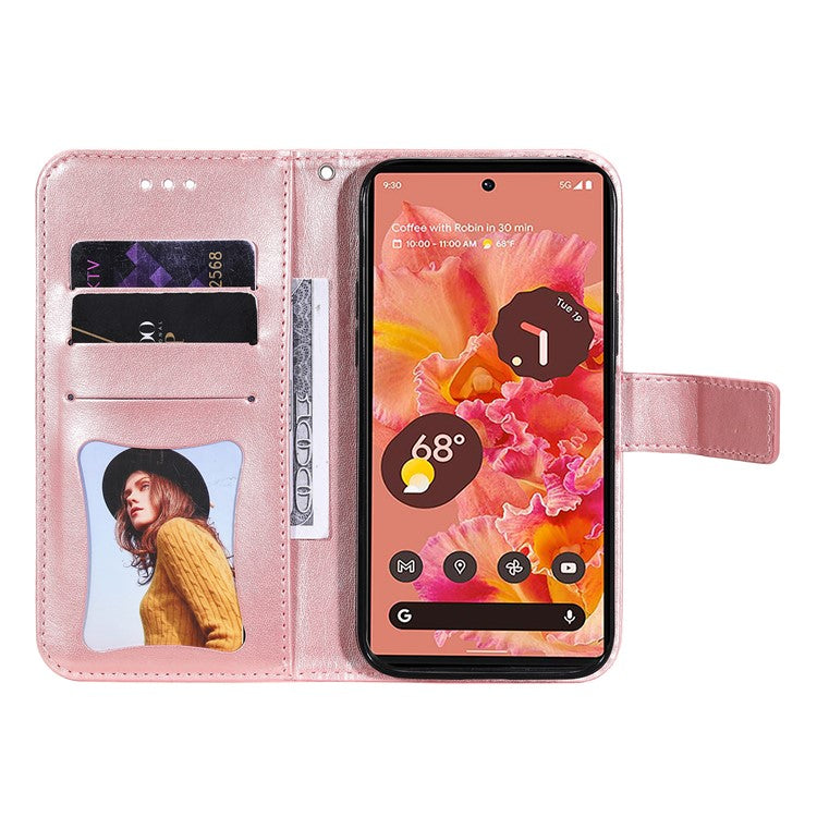 Practical Flip Shell Imprinted Flower Pattern TPU+PU Leather Stand Wallet Cover Case with Lanyard for Google Pixel 6 - Rose Gold