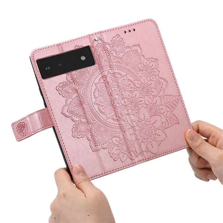 Practical Flip Shell Imprinted Flower Pattern TPU+PU Leather Stand Wallet Cover Case with Lanyard for Google Pixel 6 - Rose Gold