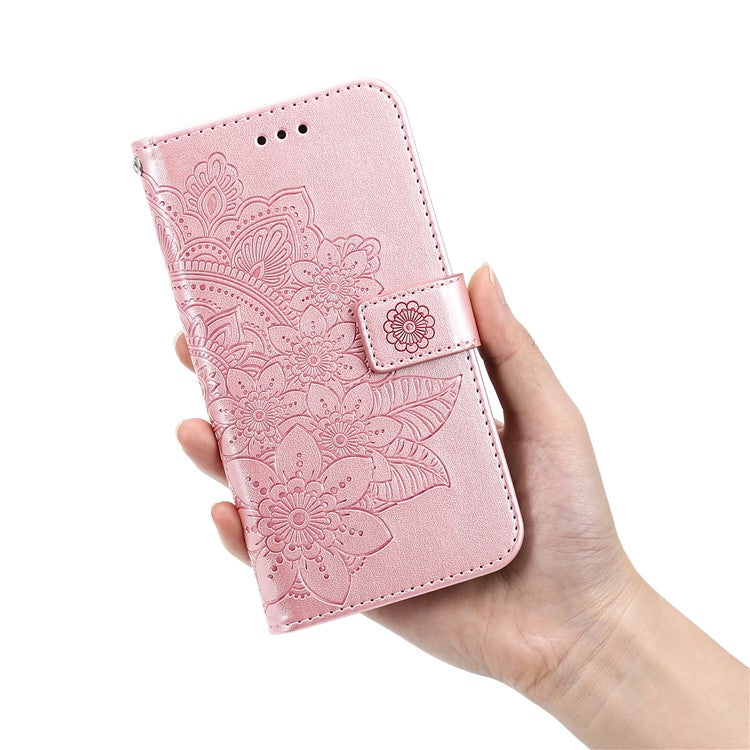 Practical Flip Shell Imprinted Flower Pattern TPU+PU Leather Stand Wallet Cover Case with Lanyard for Google Pixel 6 - Rose Gold