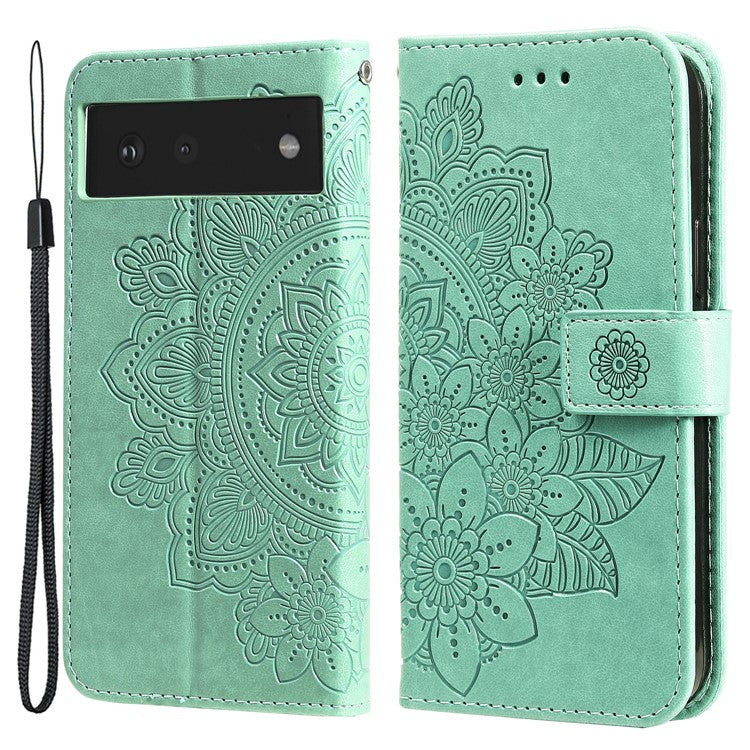 Practical Flip Shell Imprinted Flower Pattern TPU+PU Leather Stand Wallet Cover Case with Lanyard for Google Pixel 6 - Green