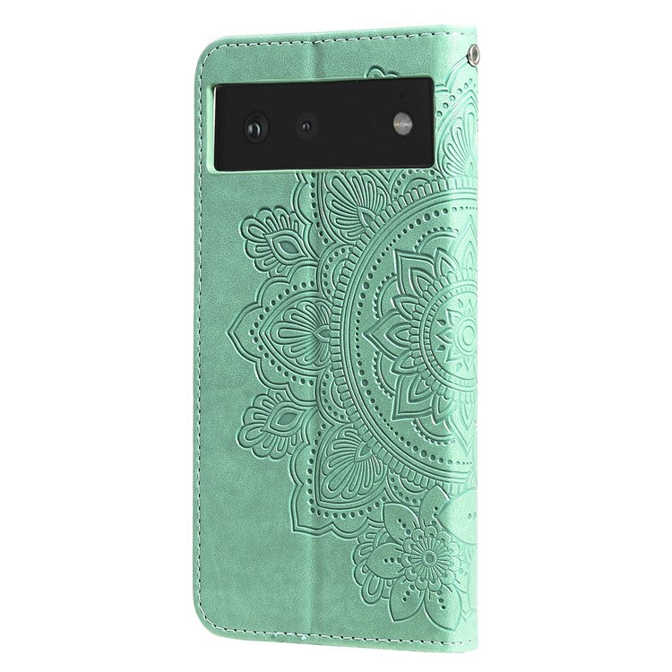 Practical Flip Shell Imprinted Flower Pattern TPU+PU Leather Stand Wallet Cover Case with Lanyard for Google Pixel 6 - Green