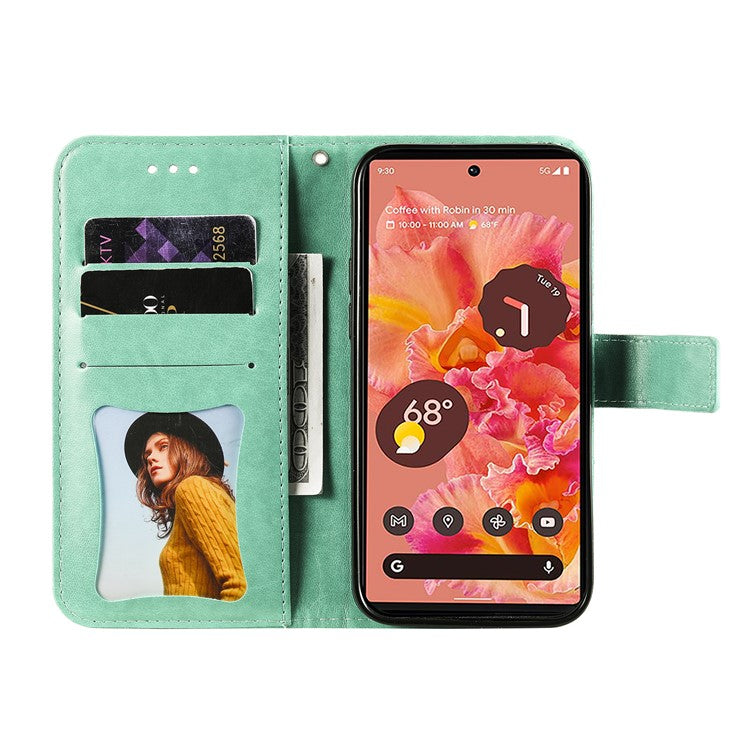 Practical Flip Shell Imprinted Flower Pattern TPU+PU Leather Stand Wallet Cover Case with Lanyard for Google Pixel 6 - Green