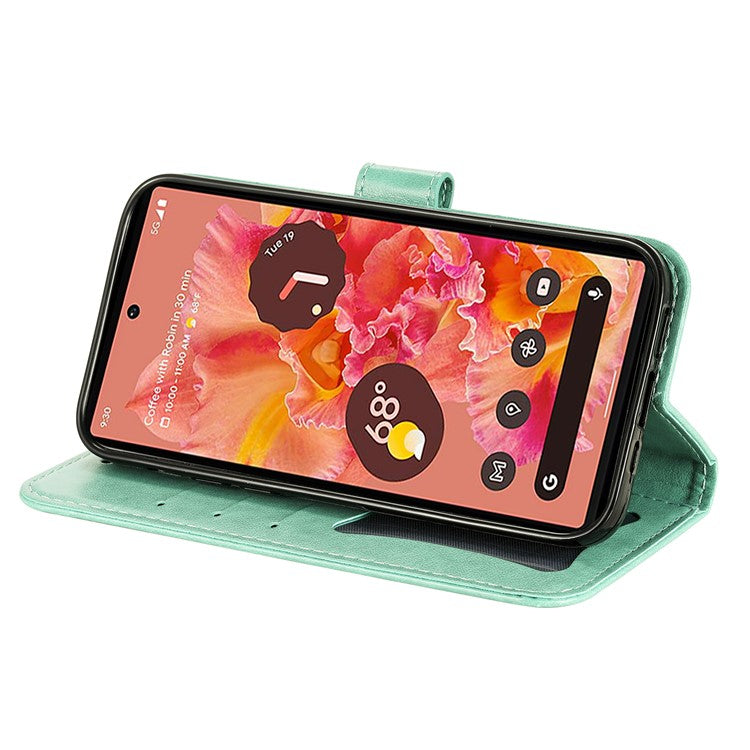 Practical Flip Shell Imprinted Flower Pattern TPU+PU Leather Stand Wallet Cover Case with Lanyard for Google Pixel 6 - Green