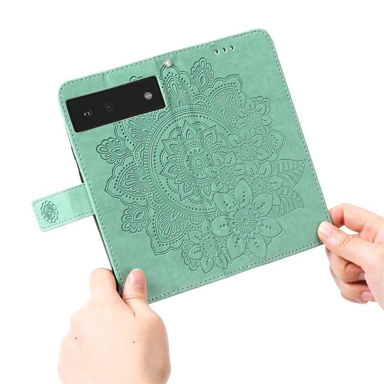 Practical Flip Shell Imprinted Flower Pattern TPU+PU Leather Stand Wallet Cover Case with Lanyard for Google Pixel 6 - Green