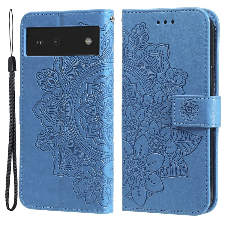 Practical Flip Shell Imprinted Flower Pattern TPU+PU Leather Stand Wallet Cover Case with Lanyard for Google Pixel 6 - Blue