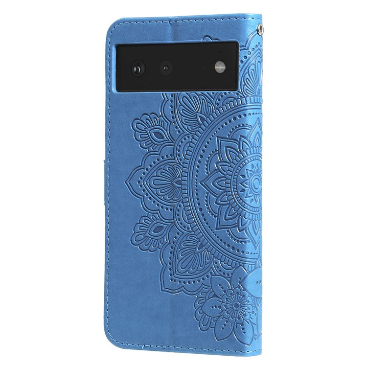 Practical Flip Shell Imprinted Flower Pattern TPU+PU Leather Stand Wallet Cover Case with Lanyard for Google Pixel 6 - Blue