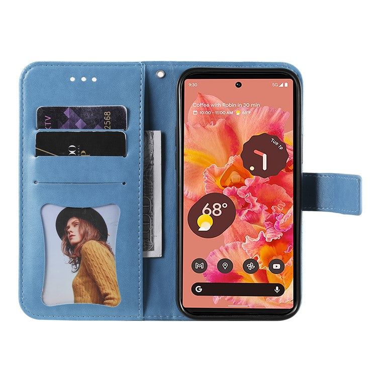 Practical Flip Shell Imprinted Flower Pattern TPU+PU Leather Stand Wallet Cover Case with Lanyard for Google Pixel 6 - Blue