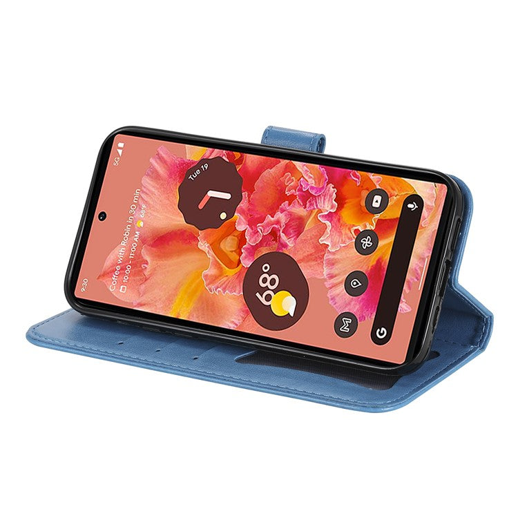 Practical Flip Shell Imprinted Flower Pattern TPU+PU Leather Stand Wallet Cover Case with Lanyard for Google Pixel 6 - Blue