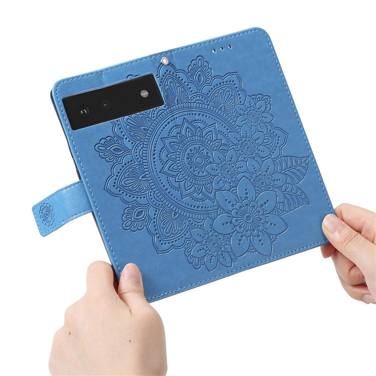 Practical Flip Shell Imprinted Flower Pattern TPU+PU Leather Stand Wallet Cover Case with Lanyard for Google Pixel 6 - Blue