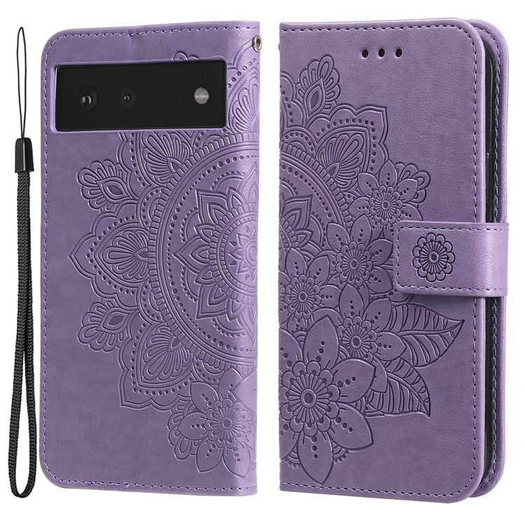 Practical Flip Shell Imprinted Flower Pattern TPU+PU Leather Stand Wallet Cover Case with Lanyard for Google Pixel 6 - Light Purple