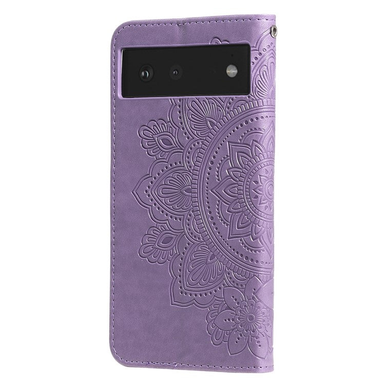 Practical Flip Shell Imprinted Flower Pattern TPU+PU Leather Stand Wallet Cover Case with Lanyard for Google Pixel 6 - Light Purple