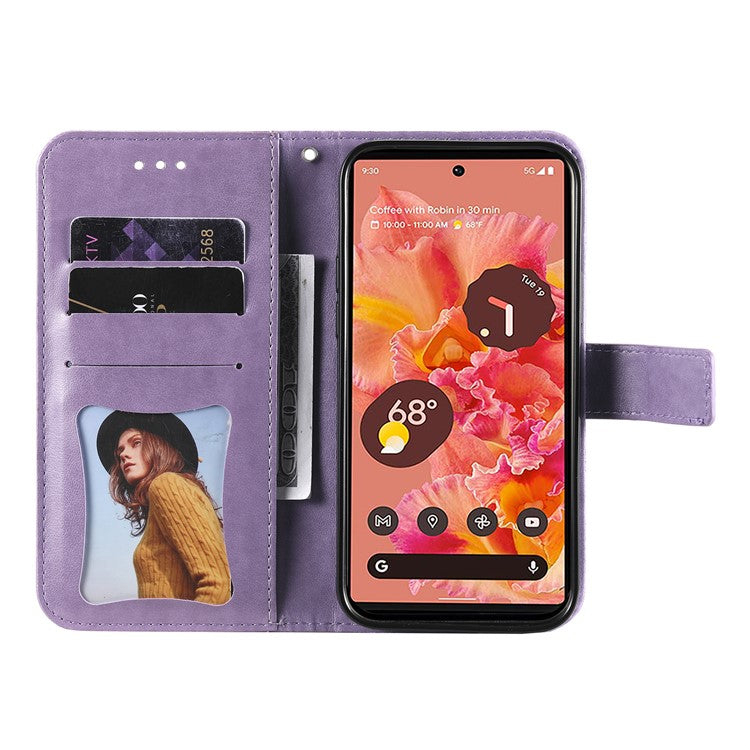 Practical Flip Shell Imprinted Flower Pattern TPU+PU Leather Stand Wallet Cover Case with Lanyard for Google Pixel 6 - Light Purple