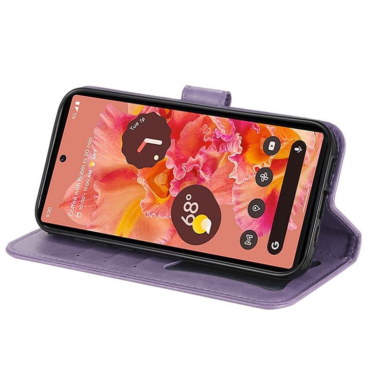 Practical Flip Shell Imprinted Flower Pattern TPU+PU Leather Stand Wallet Cover Case with Lanyard for Google Pixel 6 - Light Purple