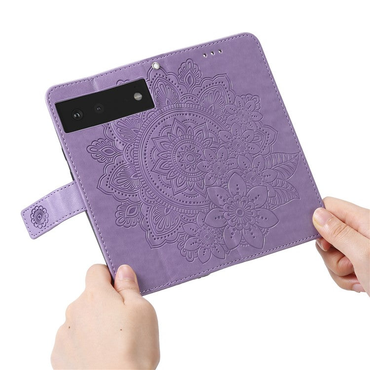 Practical Flip Shell Imprinted Flower Pattern TPU+PU Leather Stand Wallet Cover Case with Lanyard for Google Pixel 6 - Light Purple