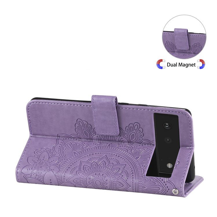 Practical Flip Shell Imprinted Flower Pattern TPU+PU Leather Stand Wallet Cover Case with Lanyard for Google Pixel 6 - Light Purple