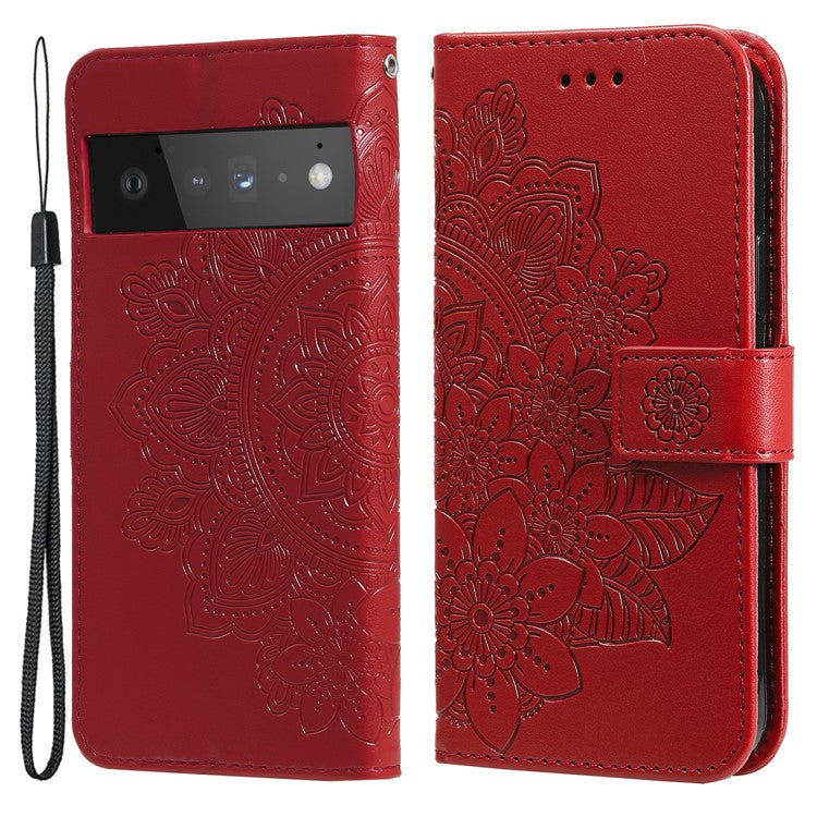 TPU+PU Leather Phone Case Stand Practical Flip Shell Card Slots Imprinted Flower Pattern Wallet Cover with Lanyard for Google Pixel 6 Pro - Red