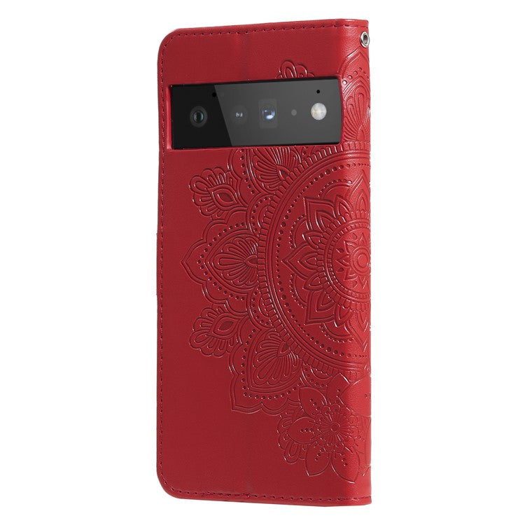 TPU+PU Leather Phone Case Stand Practical Flip Shell Card Slots Imprinted Flower Pattern Wallet Cover with Lanyard for Google Pixel 6 Pro - Red