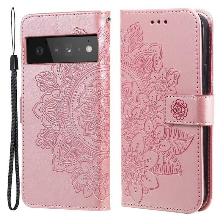 TPU+PU Leather Phone Case Stand Practical Flip Shell Card Slots Imprinted Flower Pattern Wallet Cover with Lanyard for Google Pixel 6 Pro - Rose Gold