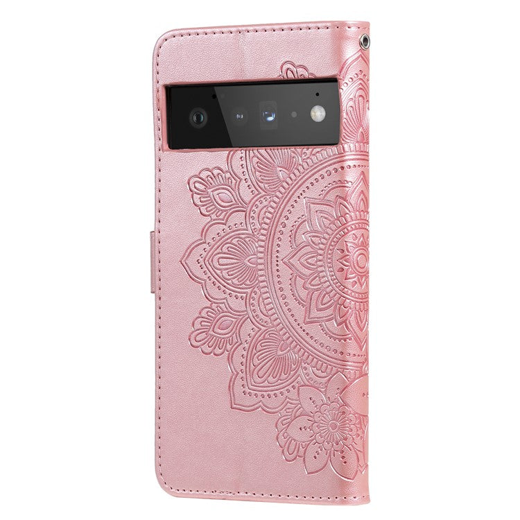 TPU+PU Leather Phone Case Stand Practical Flip Shell Card Slots Imprinted Flower Pattern Wallet Cover with Lanyard for Google Pixel 6 Pro - Rose Gold