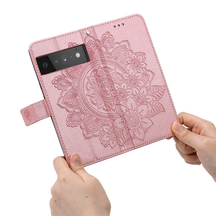 TPU+PU Leather Phone Case Stand Practical Flip Shell Card Slots Imprinted Flower Pattern Wallet Cover with Lanyard for Google Pixel 6 Pro - Rose Gold