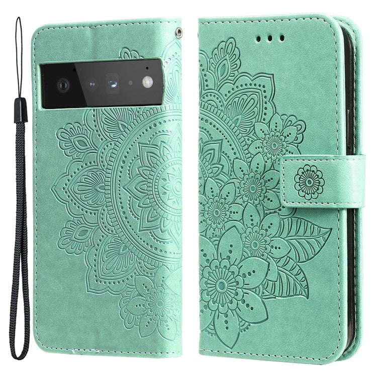 TPU+PU Leather Phone Case Stand Practical Flip Shell Card Slots Imprinted Flower Pattern Wallet Cover with Lanyard for Google Pixel 6 Pro - Green