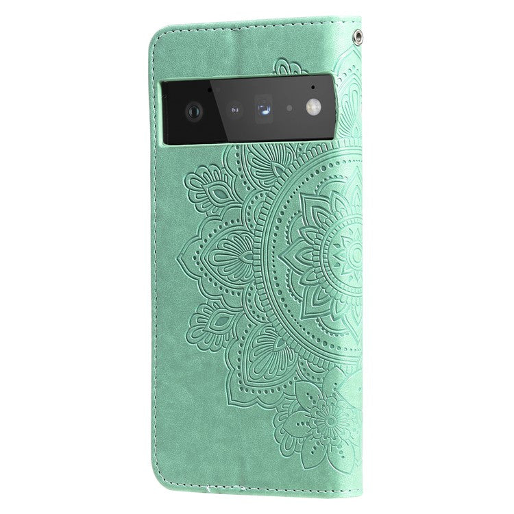 TPU+PU Leather Phone Case Stand Practical Flip Shell Card Slots Imprinted Flower Pattern Wallet Cover with Lanyard for Google Pixel 6 Pro - Green