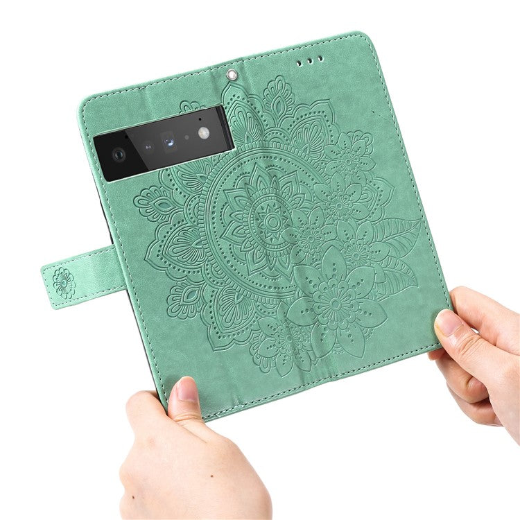 TPU+PU Leather Phone Case Stand Practical Flip Shell Card Slots Imprinted Flower Pattern Wallet Cover with Lanyard for Google Pixel 6 Pro - Green