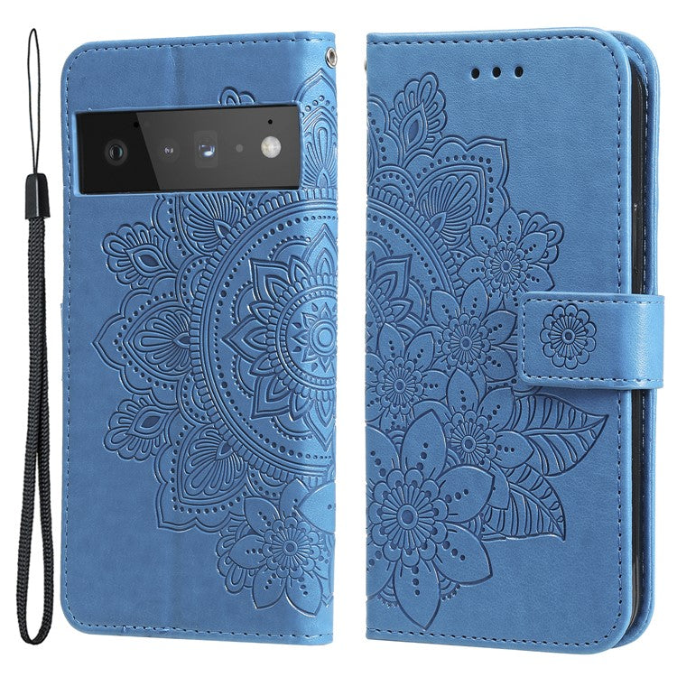 TPU+PU Leather Phone Case Stand Practical Flip Shell Card Slots Imprinted Flower Pattern Wallet Cover with Lanyard for Google Pixel 6 Pro - Blue