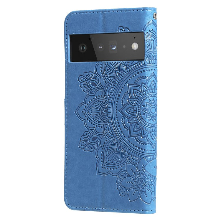 TPU+PU Leather Phone Case Stand Practical Flip Shell Card Slots Imprinted Flower Pattern Wallet Cover with Lanyard for Google Pixel 6 Pro - Blue