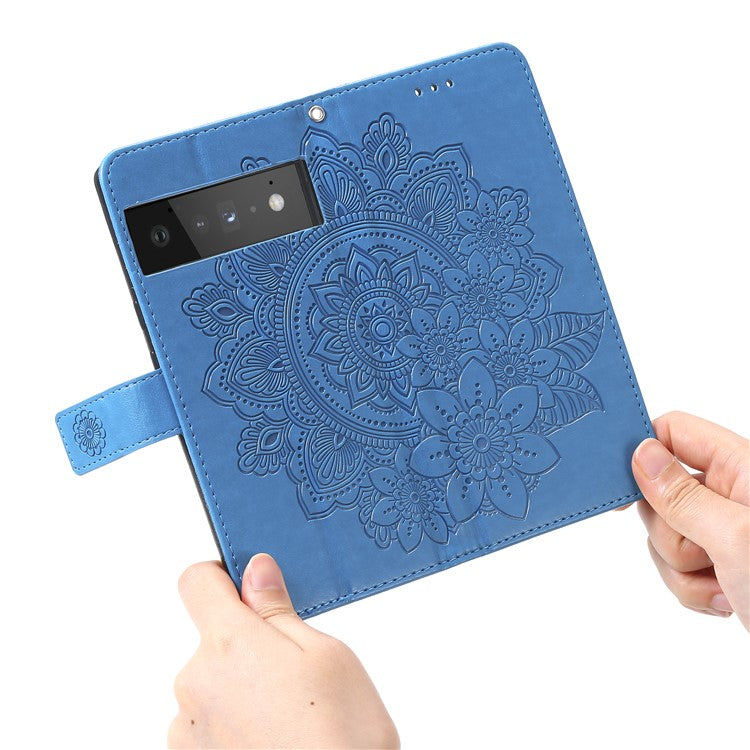 TPU+PU Leather Phone Case Stand Practical Flip Shell Card Slots Imprinted Flower Pattern Wallet Cover with Lanyard for Google Pixel 6 Pro - Blue