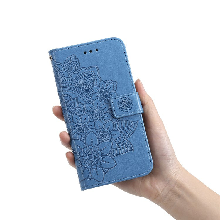 TPU+PU Leather Phone Case Stand Practical Flip Shell Card Slots Imprinted Flower Pattern Wallet Cover with Lanyard for Google Pixel 6 Pro - Blue