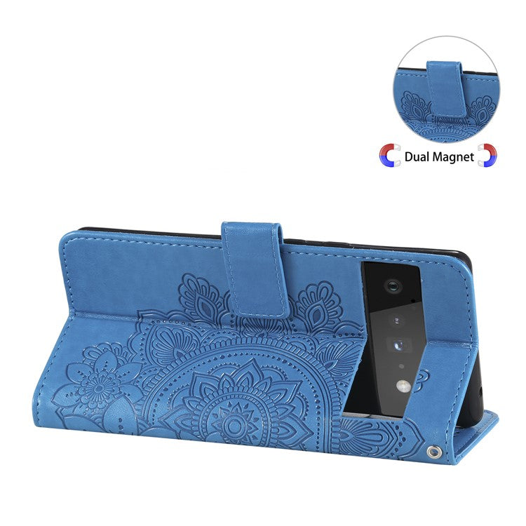 TPU+PU Leather Phone Case Stand Practical Flip Shell Card Slots Imprinted Flower Pattern Wallet Cover with Lanyard for Google Pixel 6 Pro - Blue