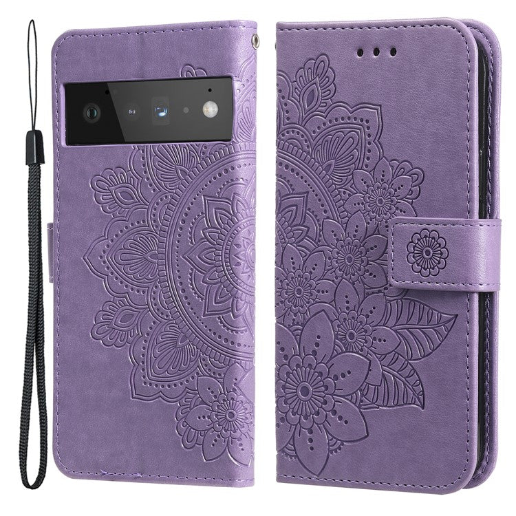 TPU+PU Leather Phone Case Stand Practical Flip Shell Card Slots Imprinted Flower Pattern Wallet Cover with Lanyard for Google Pixel 6 Pro - Light Purple