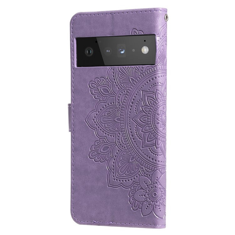 TPU+PU Leather Phone Case Stand Practical Flip Shell Card Slots Imprinted Flower Pattern Wallet Cover with Lanyard for Google Pixel 6 Pro - Light Purple