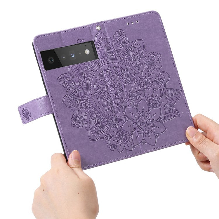 TPU+PU Leather Phone Case Stand Practical Flip Shell Card Slots Imprinted Flower Pattern Wallet Cover with Lanyard for Google Pixel 6 Pro - Light Purple