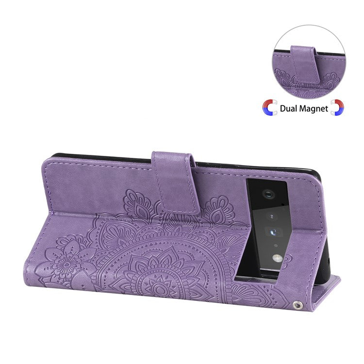 TPU+PU Leather Phone Case Stand Practical Flip Shell Card Slots Imprinted Flower Pattern Wallet Cover with Lanyard for Google Pixel 6 Pro - Light Purple