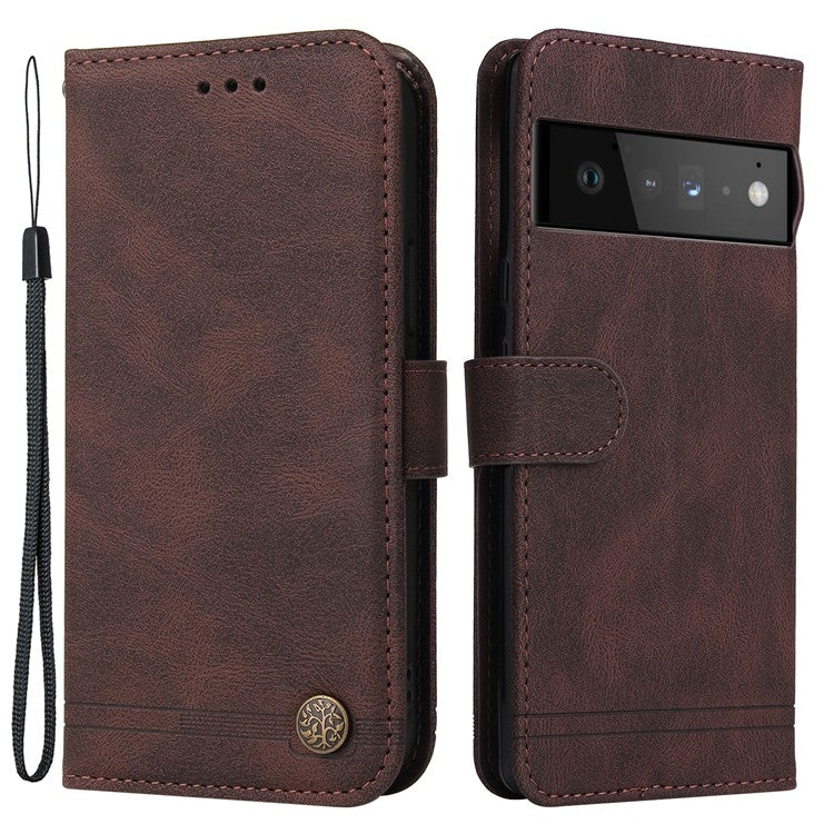 Supporting Stand Card Slots Phone Flip Case Retro Tree Pattern Metal Button Decor Wallet PU Leather+TPU Cover for Google Pixel 6 Pro - Brown